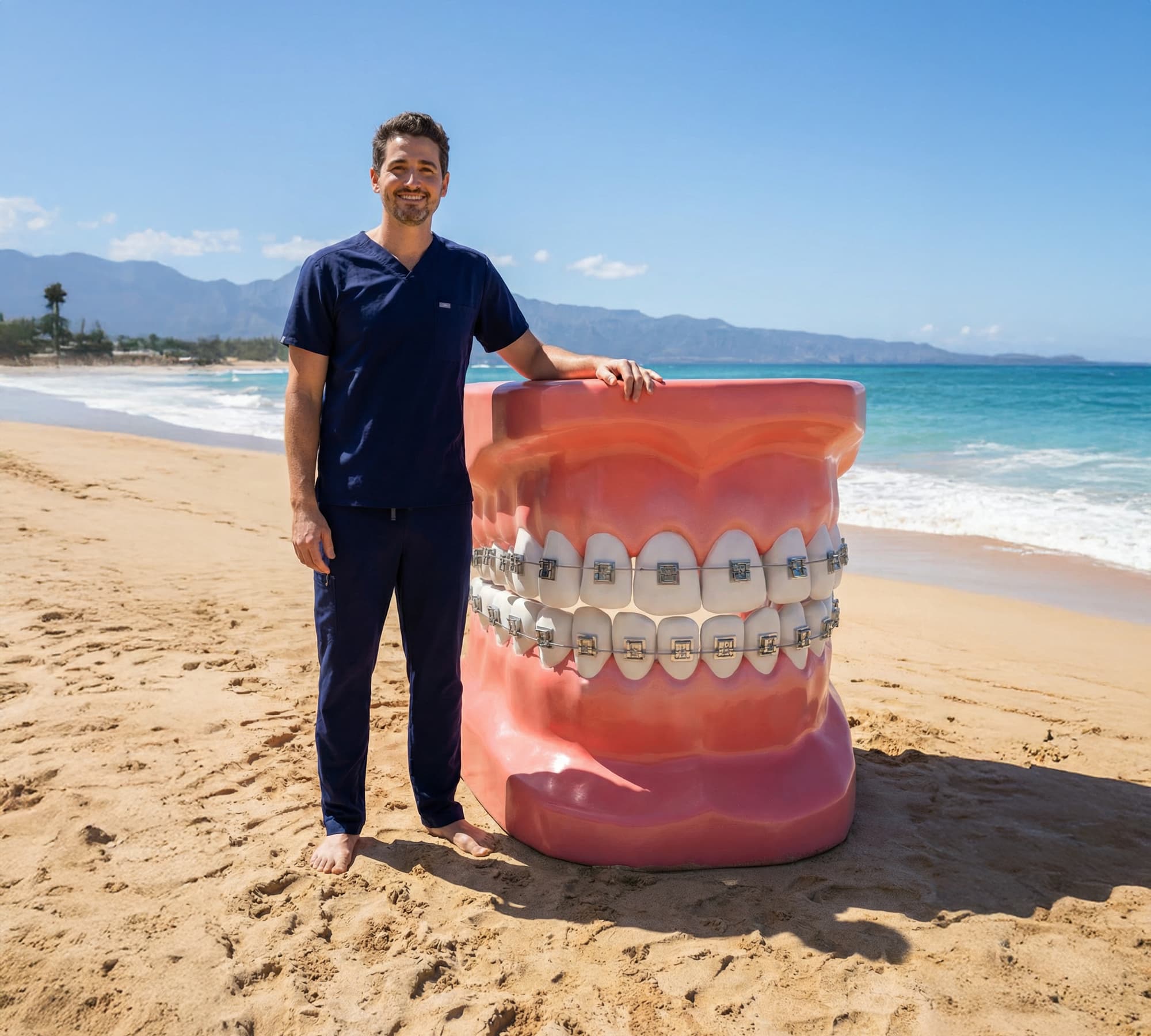Dr. Verga on the beach with a giant braces model